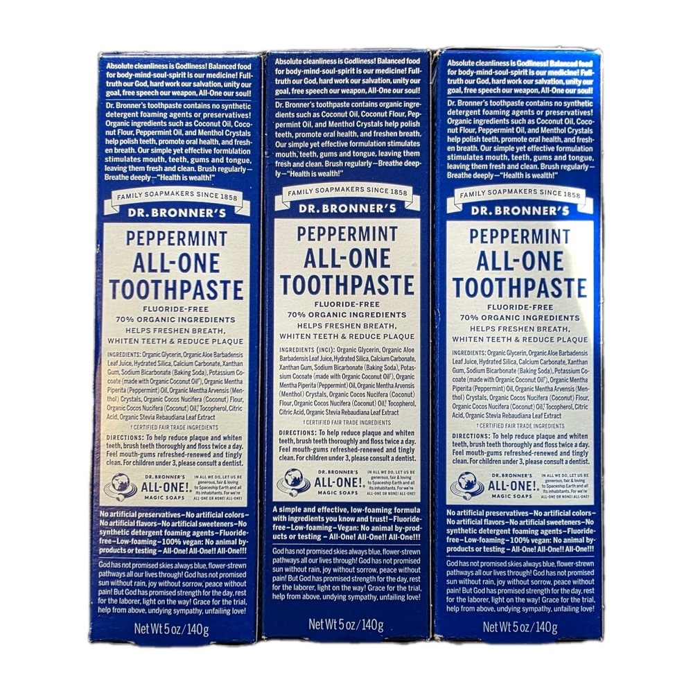 Dr. Bronners Peppermint All-One Toothpaste Fluoride‎ Free 5oz Lot of 3 NEW